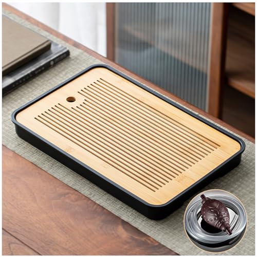 Miyxsin 14 Inch Chinese Gongfu Bamboo Tea Tray，Water Storage Tea Tray，Tea Set Acessories with Water Storage Drainage Kungfu Tea Set. Suitable for Teahouse Home Office (Brown+Black) - Image 1