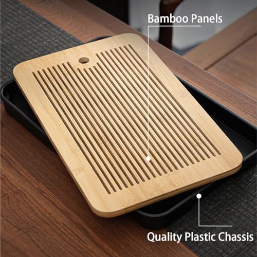 Miyxsin 14 Inch Chinese Gongfu Bamboo Tea Tray，Water Storage Tea Tray，Tea Set Acessories with Water Storage Drainage Kungfu Tea Set. Suitable for Teahouse Home Office (Brown+Black) - Image 3