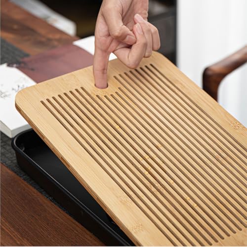 Miyxsin 14 Inch Chinese Gongfu Bamboo Tea Tray，Water Storage Tea Tray，Tea Set Acessories with Water Storage Drainage Kungfu Tea Set. Suitable for Teahouse Home Office (Brown+Black) - Image 5