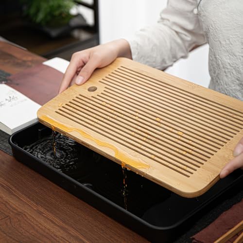 Miyxsin 14 Inch Chinese Gongfu Bamboo Tea Tray，Water Storage Tea Tray，Tea Set Acessories with Water Storage Drainage Kungfu Tea Set. Suitable for Teahouse Home Office (Brown+Black) - Image 2