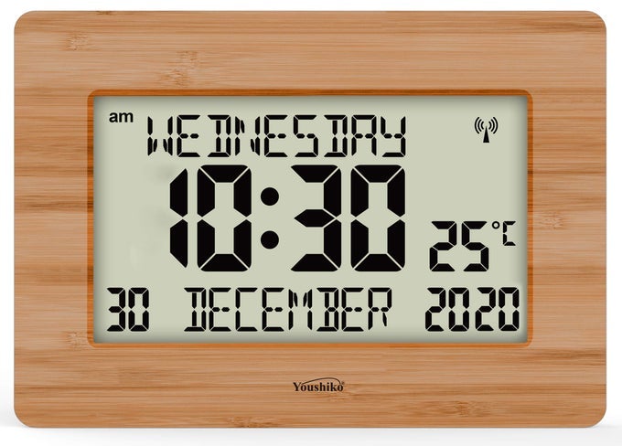 RADIO CONTROLLED SILENT LARGE LCD WALL CLOCK OFFICAL UK VERSION AUTO SET UP WITH DAY DATE MONTH HELPFUL FOR DEMENTIA ALZHEIMER SUFFERERS BAMBOO WOOD