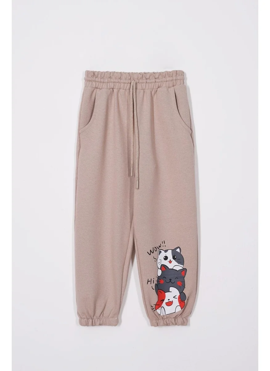 زيبكيدز Cute Kittens Printed Stone Color Girls Tracksuit Bottoms