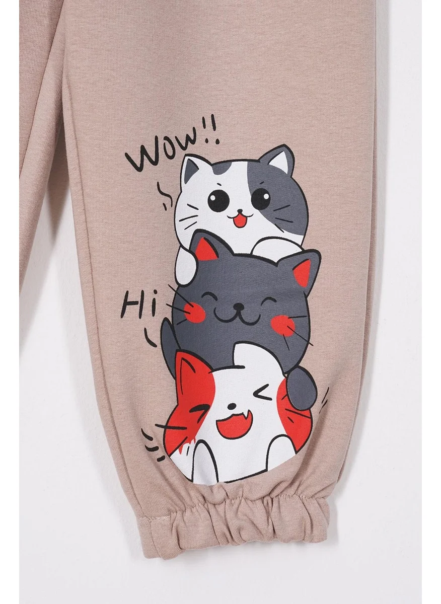 زيبكيدز Cute Kittens Printed Stone Color Girls Tracksuit Bottoms