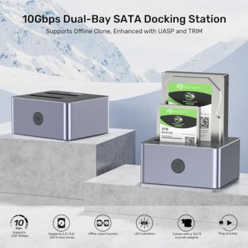 محطة إرساء لمحركات الأقراص الثابتة، SATA، بسرعة 10 جيجابت في الثانية، فتحة مزدوجة، دعم USB، استنساخ دون اتصال بالإنترنت، رمادي فلكي - Image 3