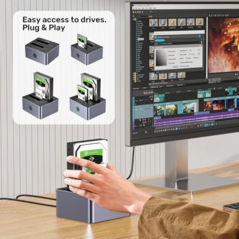 محطة إرساء لمحركات الأقراص الثابتة، SATA، بسرعة 10 جيجابت في الثانية، فتحة مزدوجة، دعم USB، استنساخ دون اتصال بالإنترنت، رمادي فلكي - Image 4