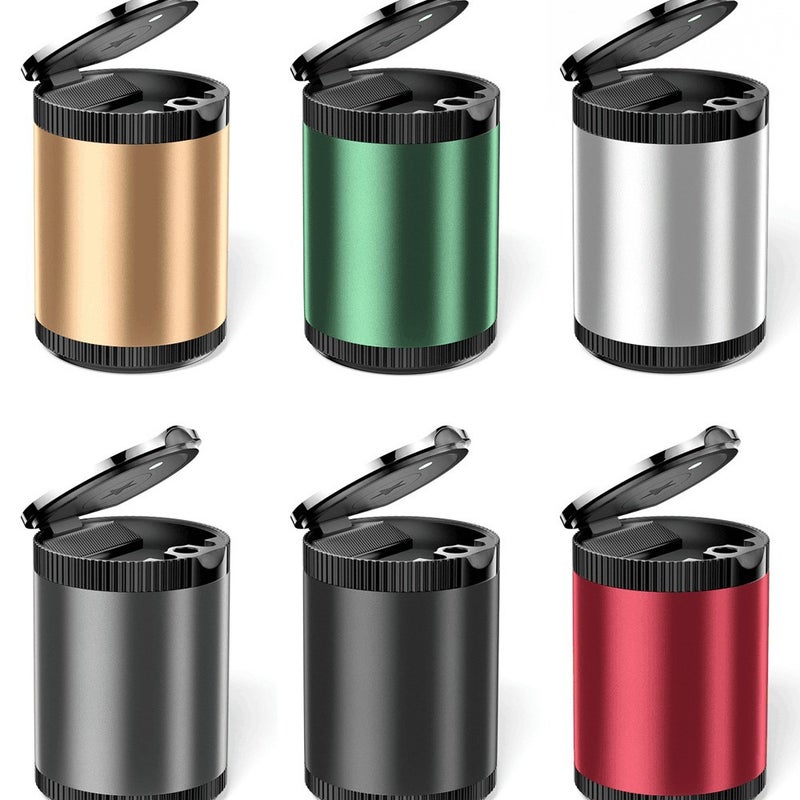 Universal LED Car Ashtray with Lid, Alloy Metal, Replaceable Battery - Image 1