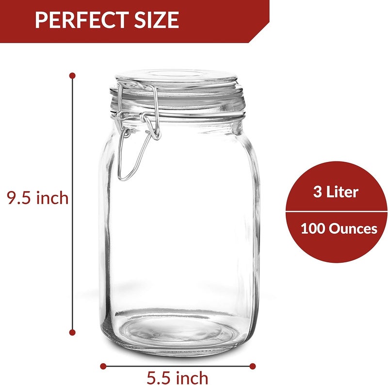 Set of 2 Large Glass Mason Jar with Lid (3 Liter) | Airtight Glass Storage Container for Food, Flour, Pasta, Coffee, Candy, Dog Treats, Snacks & More | Glass Organization Canisters 100 Ounces - Image 2