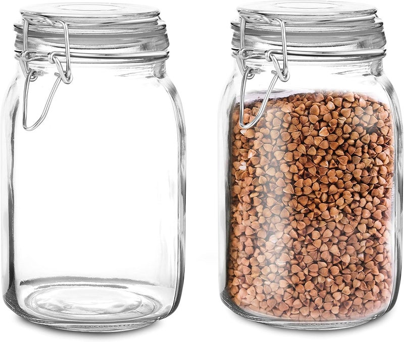 Set of 2 Large Glass Mason Jar with Lid (3 Liter) | Airtight Glass Storage Container for Food, Flour, Pasta, Coffee, Candy, Dog Treats, Snacks & More | Glass Organization Canisters 100 Ounces - Image 1