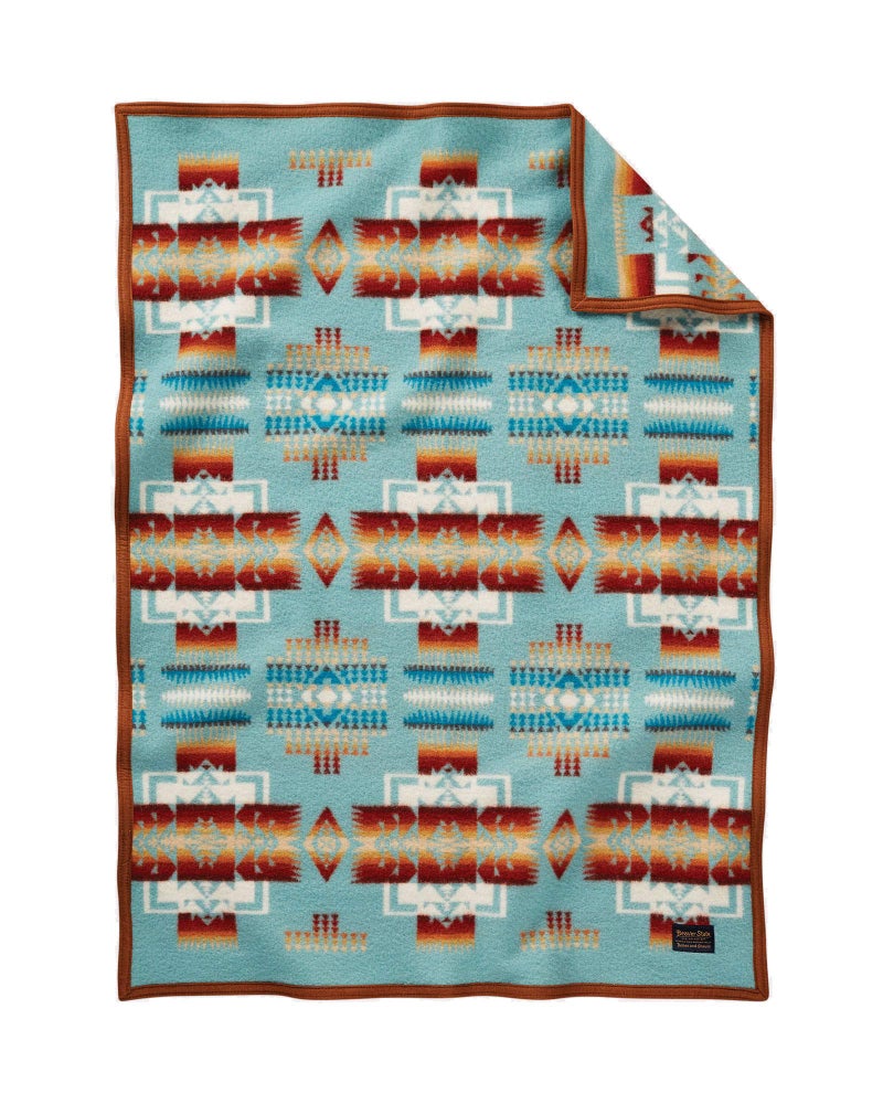 Pendleton Chief Joseph Crib Blanket 32 x 44 Wool Cotton Lightweight Reversible Dry Clean Soft and Durable Baby Blanket for Home and Travel Aqua