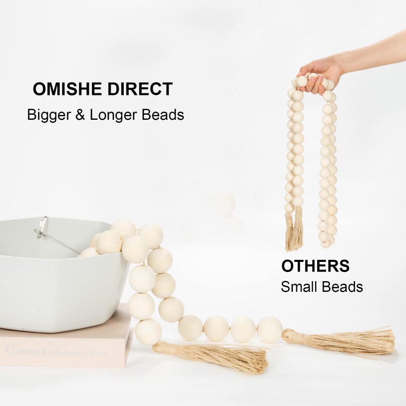 Omishe 50"" Long Large Wood Bead Garland With 1.6"" Diameter Wooden Beads And Tassels Rustic Farmhouse Country Wood Beads Garland For Home Tiered Tray Decor Decorative Beads With Tassels Natural Beige - Image 3