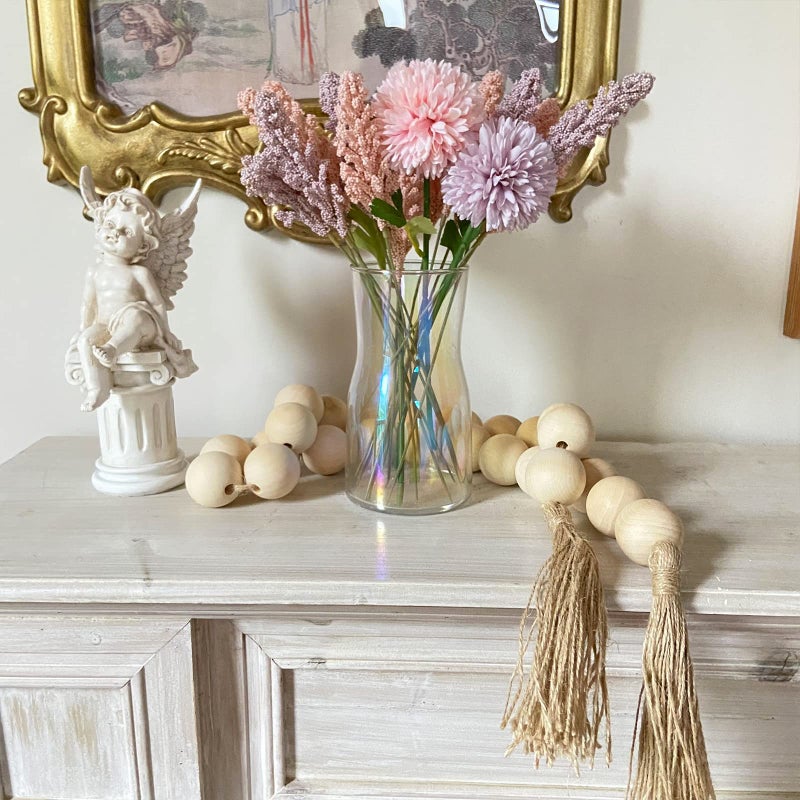 Omishe 50"" Long Large Wood Bead Garland With 1.6"" Diameter Wooden Beads And Tassels Rustic Farmhouse Country Wood Beads Garland For Home Tiered Tray Decor Decorative Beads With Tassels Natural Beige - Image 5