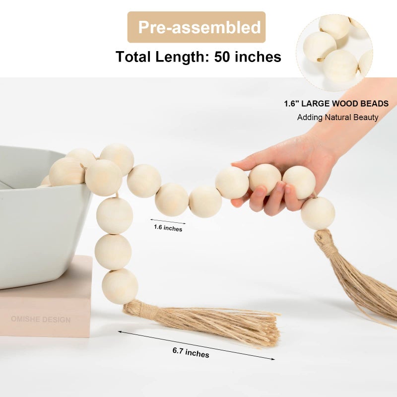 Omishe 50"" Long Large Wood Bead Garland With 1.6"" Diameter Wooden Beads And Tassels Rustic Farmhouse Country Wood Beads Garland For Home Tiered Tray Decor Decorative Beads With Tassels Natural Beige - Image 2