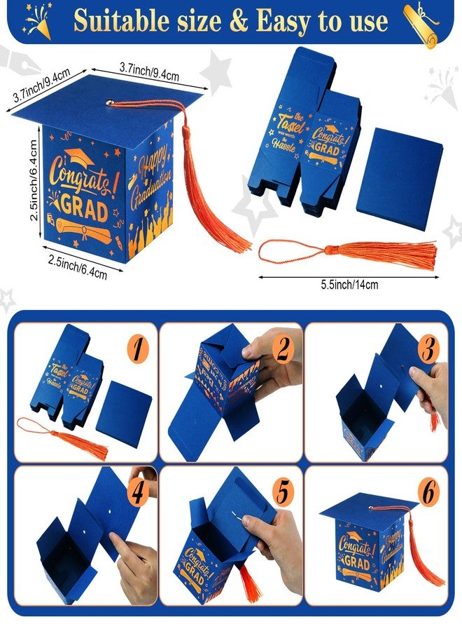 تاوباري علبة حلوى على شكل قبعة تخرج من تاو باري، 30 قطعة، مع شرابة، هدايا وديكورات للحفلات - أزرق وبرتقالي - Image 2