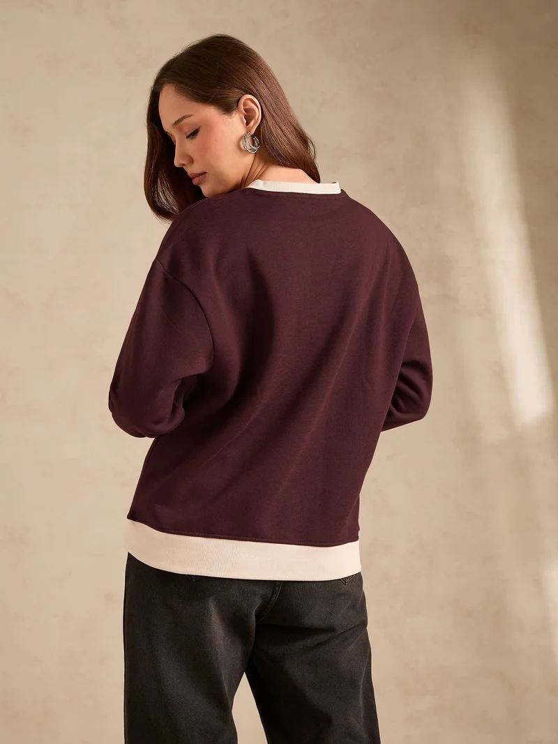 Outzidr  Brown Contrast Neck Graphic Russian Fleece Pullover for Women | Best Price UAE