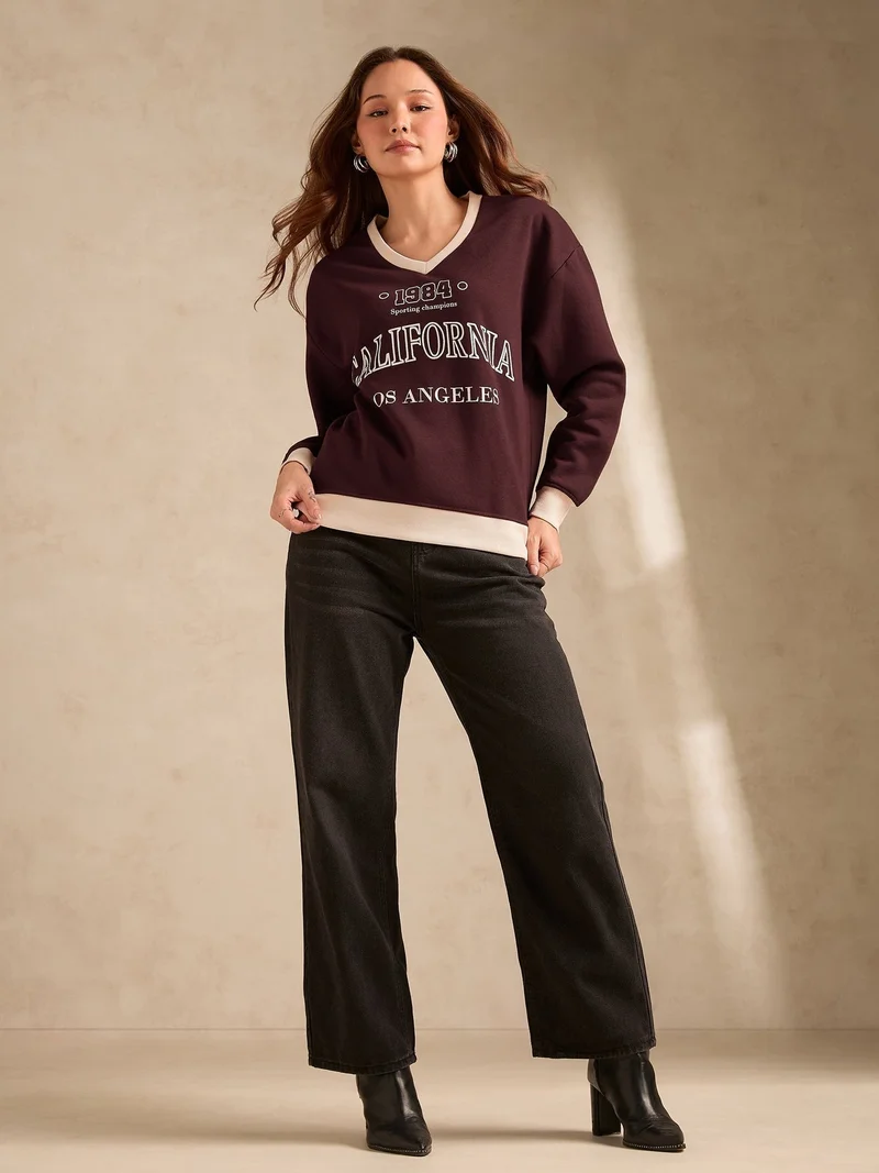 Outzidr Brown Contrast Neck Graphic Russian Fleece Pullover