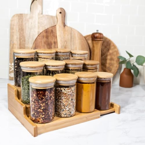 VILON 11oz(330ml) 12-Pack Glass Jars Set, Cylinder Spice Jars with Bamboo Lids and Labels, Food Storage Container Canisters for Home Kitchen, Spice, Herbs, Seasoning, Seed, Tea, Sugar, Salt - Image 2