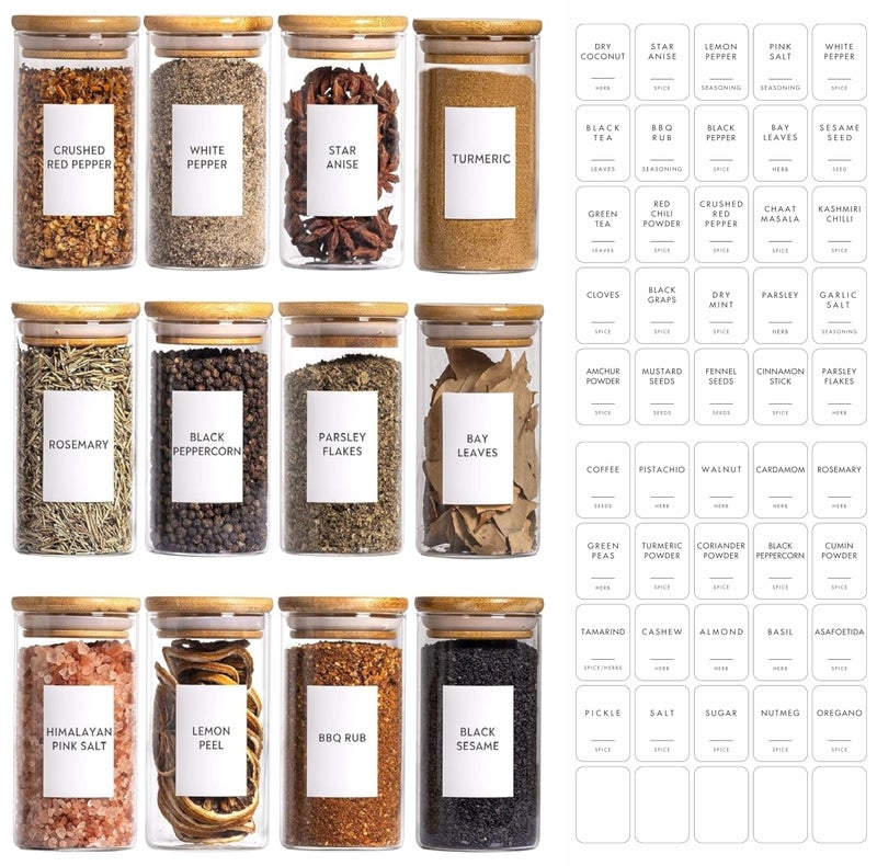VILON 11oz(330ml) 12-Pack Glass Jars Set, Cylinder Spice Jars with Bamboo Lids and Labels, Food Storage Container Canisters for Home Kitchen, Spice, Herbs, Seasoning, Seed, Tea, Sugar, Salt - Image 1