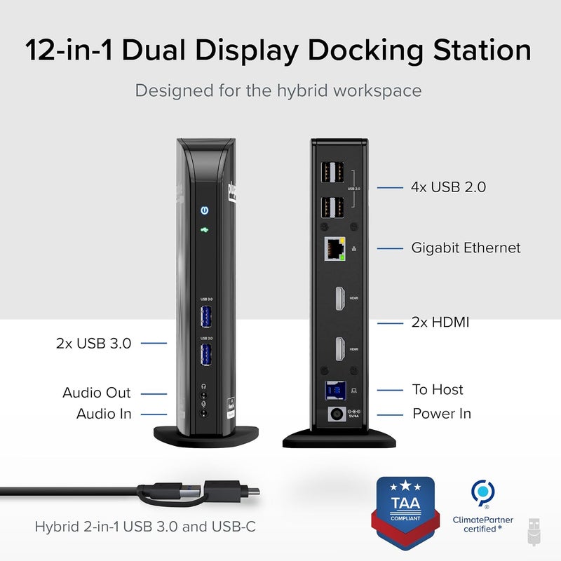 Plugable Universal Laptop Docking Station Dual HDMI Monitor for Windows and Mac (Driver Required), USB 3.0 or USB-C, 2X HDMI, Gigabit Ethernet, Audio, 6 USB Ports (UD-3900) - Image 2
