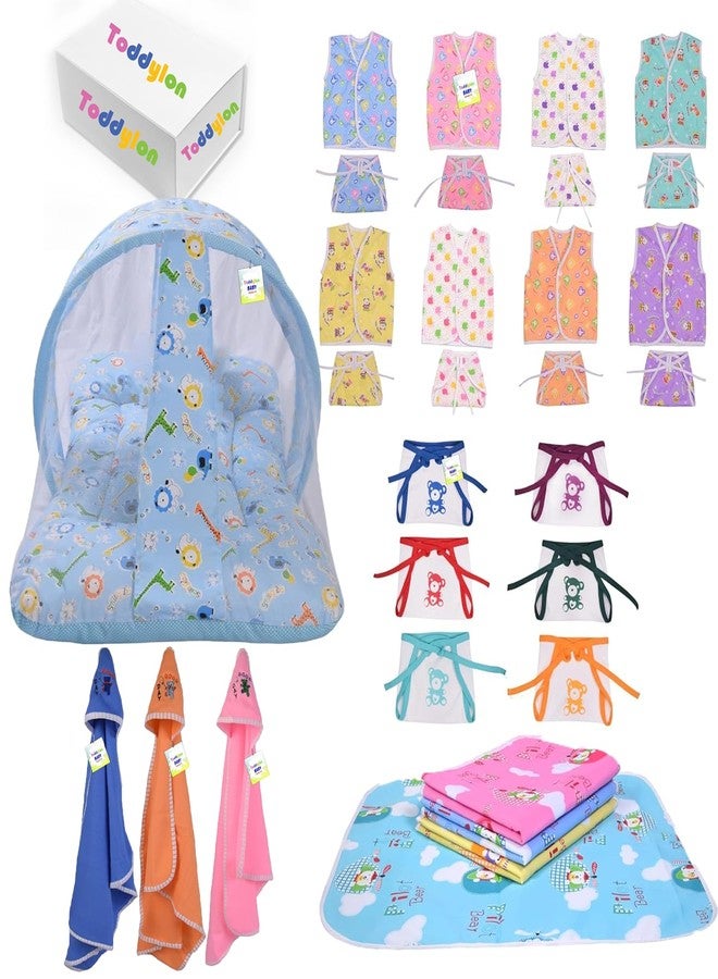 Toddylon 30 in 1 New Born Baby Products All Gift Pack | Baby Bedding Set | Baby Clothes | Essentials Items | Combo Set |New Born Boys Girls | Baby Bed (0-6 Months) Blue - Image 1