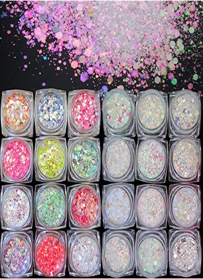 LoveOurHome 24 Box Iridescent Aurora Glitters Powder Pigment Nail Decorations Hexagon Chunky Flakes Sequins Accessories For Resin Epoxy Crafts Festival Makeup Body Acrylic Nails Design  - Image 1