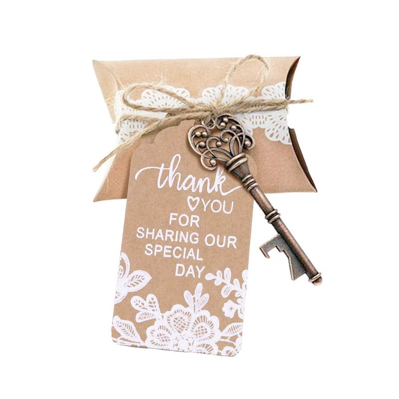 Evanto 50 Sets Vintage Key Bottle Openers, Wedding Favor Souvenir Gift for Guests with Escort Card Thank You Tag Pillow Box and Jute Rope (White Lace) - Image 1