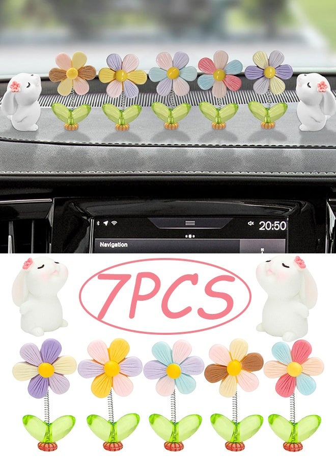 7 Pcs Cute Car Interior Decor Accessories Funny Bunny Shaking Spring Sunflower Dashboard Ornaments Rearview Mirror Decor for Cars  Trucks SUVs Daily Commute Road Trips Holiday Decor Christmas, Eid, Birthdays Festive Gifts - Image 1
