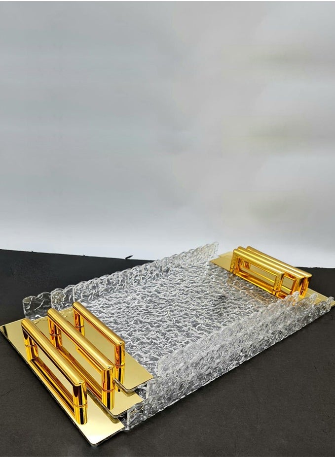 ماركة غير محددة - طقم صواني ضيافة مستطيلة شفافة بحواف ذهبية أنيقة (3قطع). - Image 1
