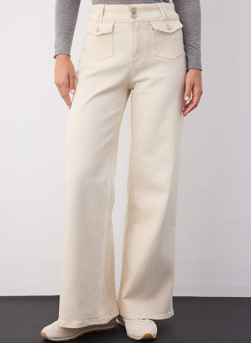 trendyol Wardrobe Essentials Ecru High Waist Pocket Detail Comfort Flexible Wide Leg Palazzo Jeans - Image 1