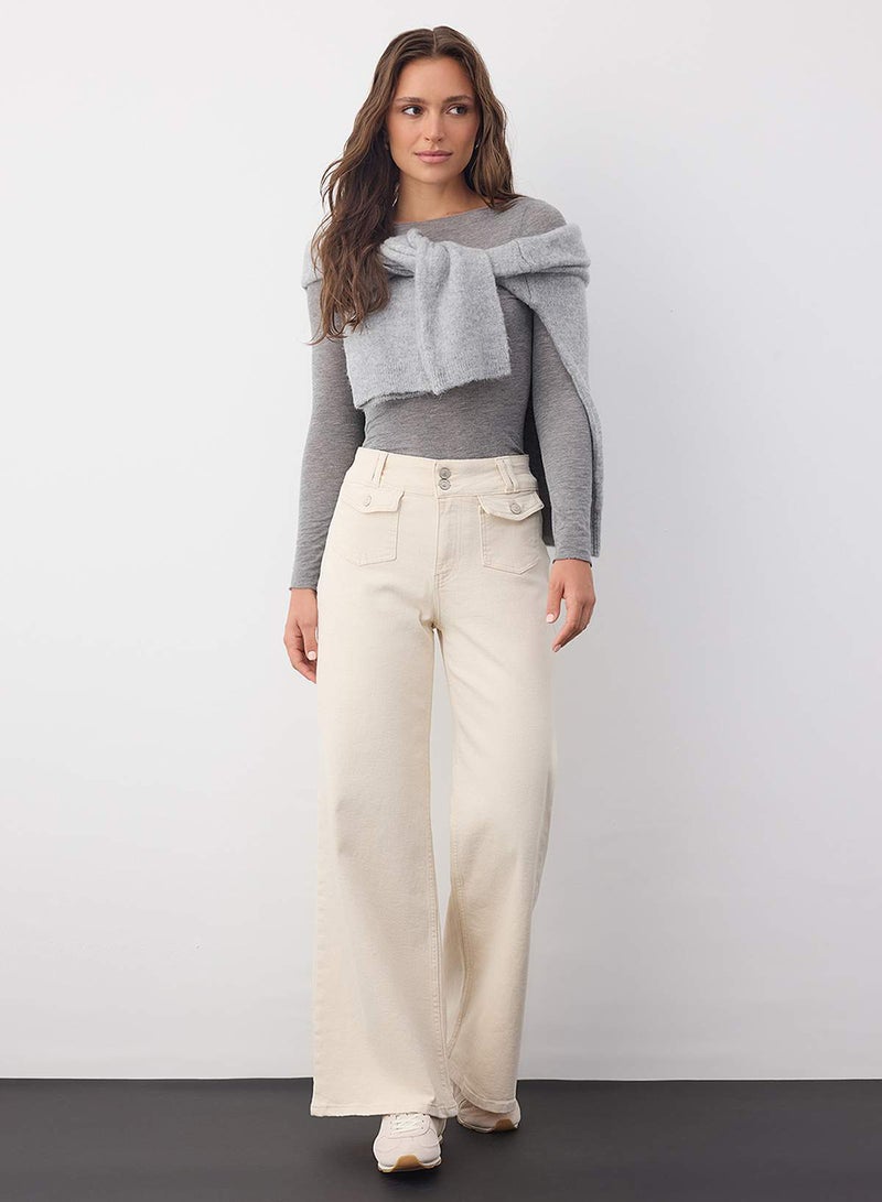 trendyol Wardrobe Essentials Ecru High Waist Pocket Detail Comfort Flexible Wide Leg Palazzo Jeans - Image 2