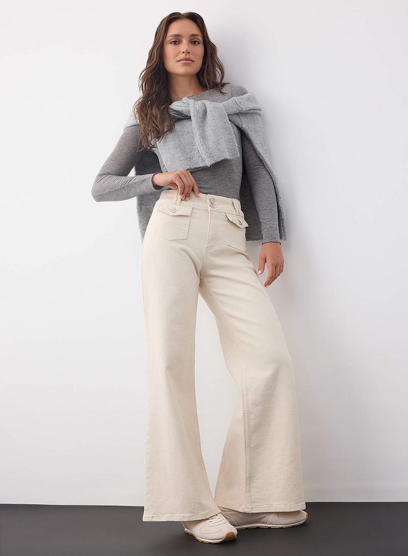 trendyol Wardrobe Essentials Ecru High Waist Pocket Detail Comfort Flexible Wide Leg Palazzo Jeans - Image 3