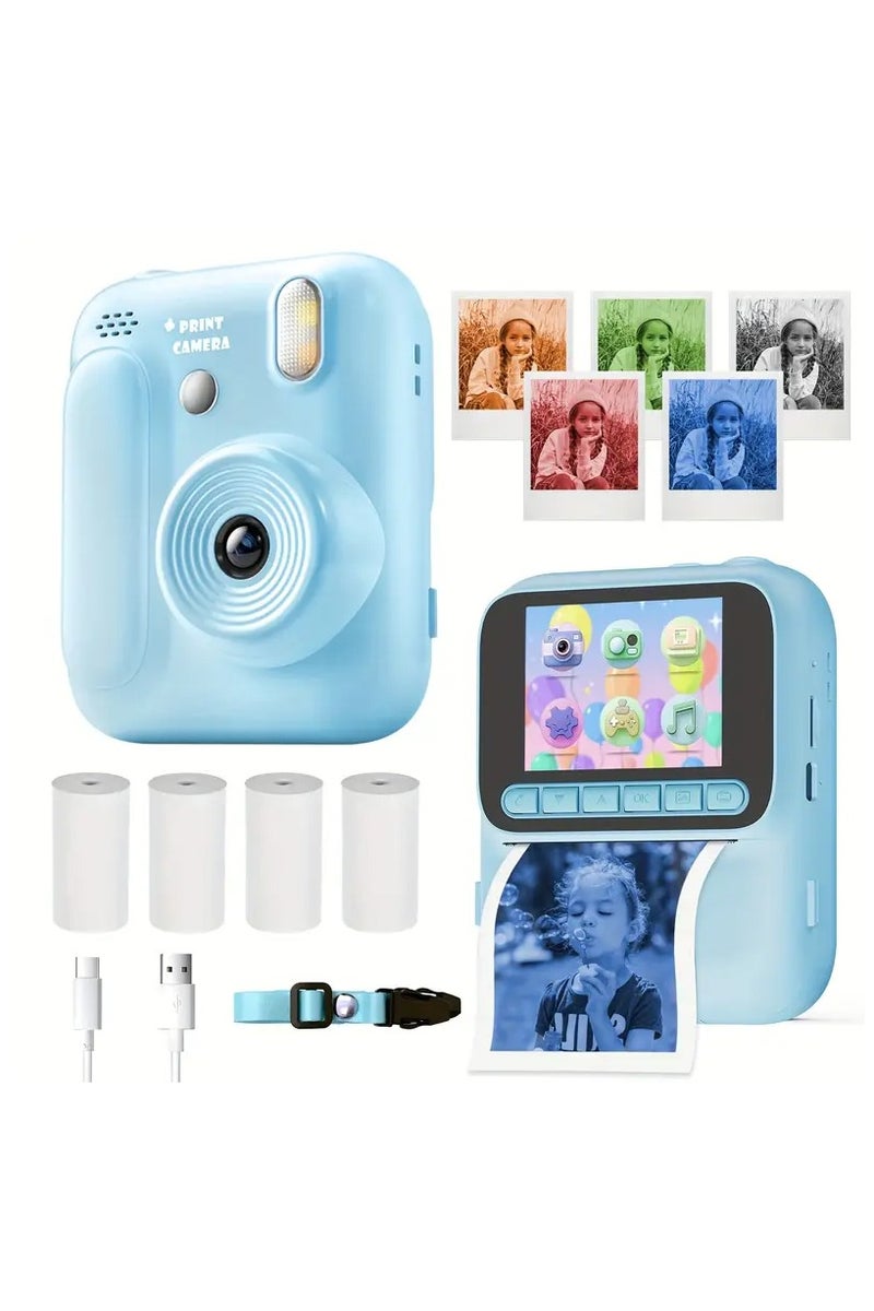 بلو فاير كاميرا طباعة فورية للأطفال بدقة 4800W، شاشة 2.4 بوصة IPS، فيديو 1080p، طباعة حرارية، ألعاب، MP3، بطارية 3 ساعات، دعم ذاكرة حتى 128GB – هدية مثالية للأطفال - Image 1