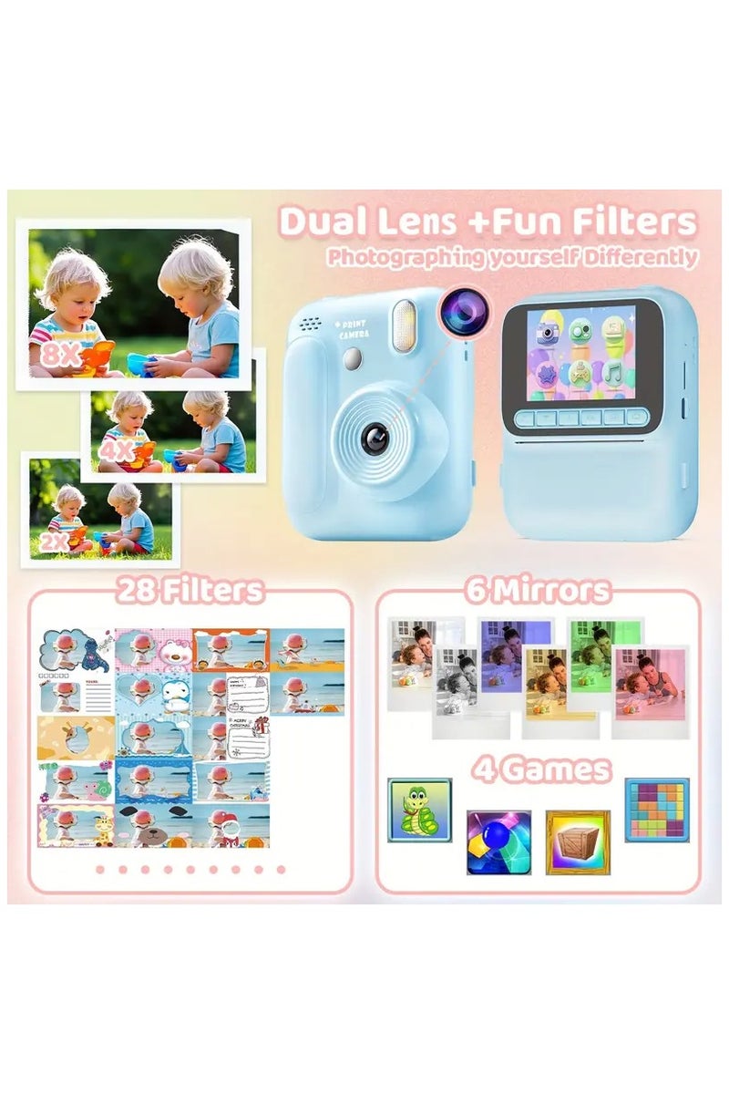 بلو فاير كاميرا طباعة فورية للأطفال بدقة 4800W، شاشة 2.4 بوصة IPS، فيديو 1080p، طباعة حرارية، ألعاب، MP3، بطارية 3 ساعات، دعم ذاكرة حتى 128GB – هدية مثالية للأطفال - Image 4