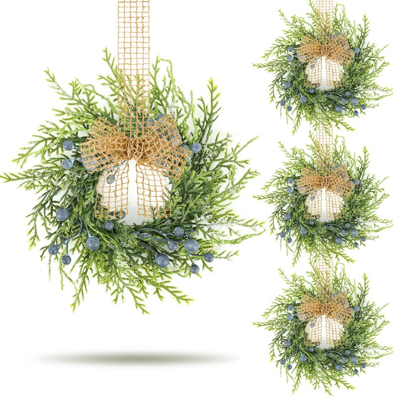 YLOLUL 4 PCS Small Winter Blue Berry Cabinet Wreath Artificial Mini Kitchen Wreaths Vintage Swags Wreath with Retro Burlap Ribbon for Farmhouse Rustic Home Front Door Window Pillar Wedding Chair Wall - Image 1