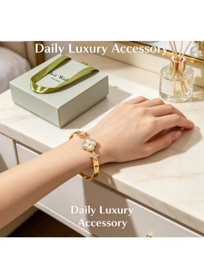 LATEEN 18K Gold Shell Clover Bangle — Waterproof Titanium Steel Bracelet with Luxury Gift Box - Image 5