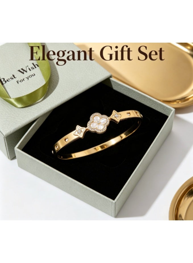 LATEEN 18K Gold Shell Clover Bangle — Waterproof Titanium Steel Bracelet with Luxury Gift Box - Image 3