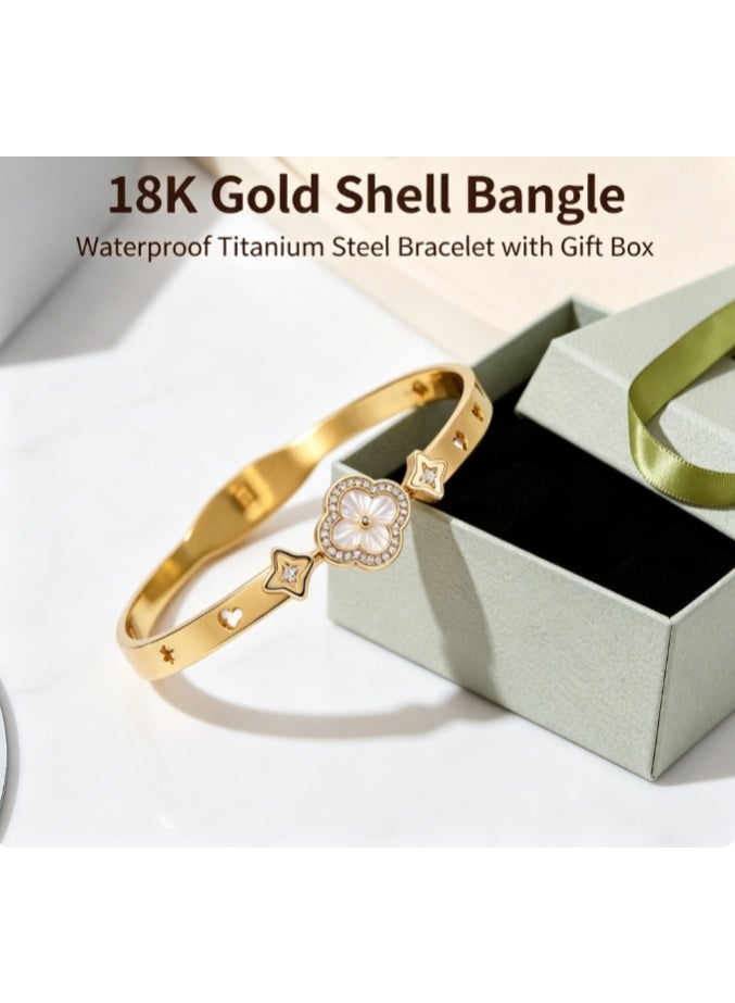 LATEEN 18K Gold Shell Clover Bangle — Waterproof Titanium Steel Bracelet with Luxury Gift Box - Image 1