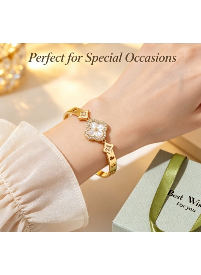 LATEEN 18K Gold Shell Clover Bangle — Waterproof Titanium Steel Bracelet with Luxury Gift Box - Image 4