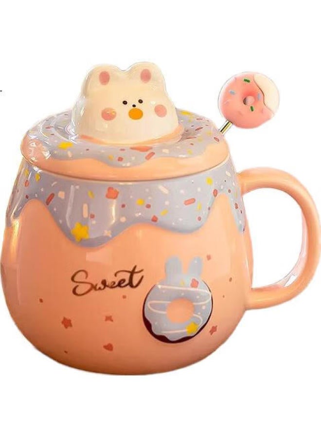 Pinyu Mug, Coffee Cup, Ceramic Water Cup, Large Capacity With Lid For Home Use, For Brewing Coffee, Donut Pink, 400Ml - Image 2