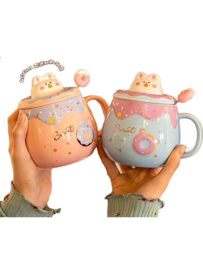 Pinyu Mug, Coffee Cup, Ceramic Water Cup, Large Capacity With Lid For Home Use, For Brewing Coffee, Donut Pink, 400Ml - Image 1