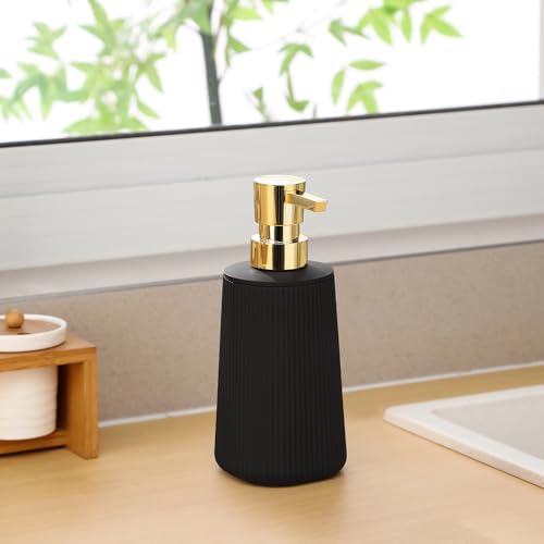 YAUKPH Small Soap Dispenser for Bathroom and Kitchen, Modern Farmhouse Striped Style Plastic Hand Soap Dish Soap Dispenser with Pump Matte Black and Gold - Image 5