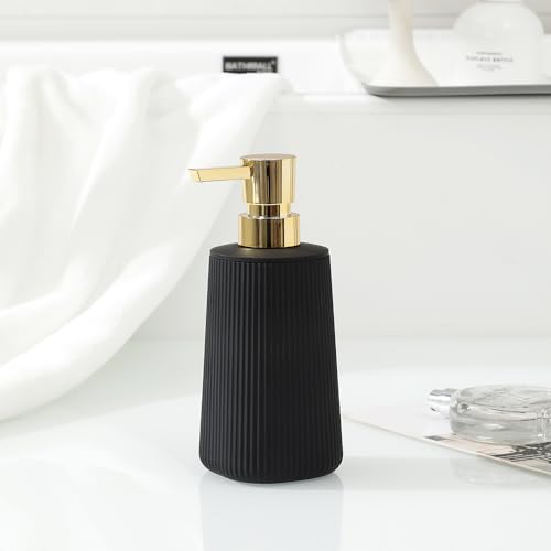 YAUKPH Small Soap Dispenser for Bathroom and Kitchen, Modern Farmhouse Striped Style Plastic Hand Soap Dish Soap Dispenser with Pump Matte Black and Gold - Image 4