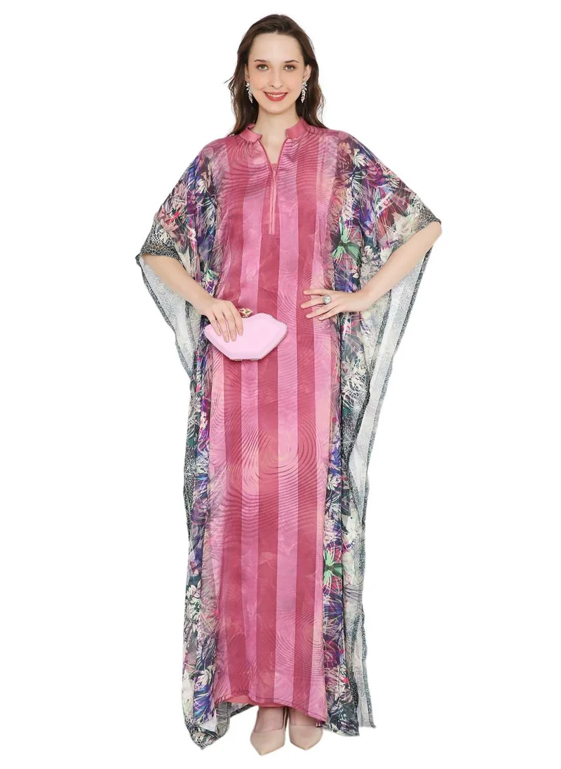 HANA & SARA SATIN SILK STRIPE PRINTED FARASHA KAFTAN JALABIYA WITH HIGH NECK COLLAR