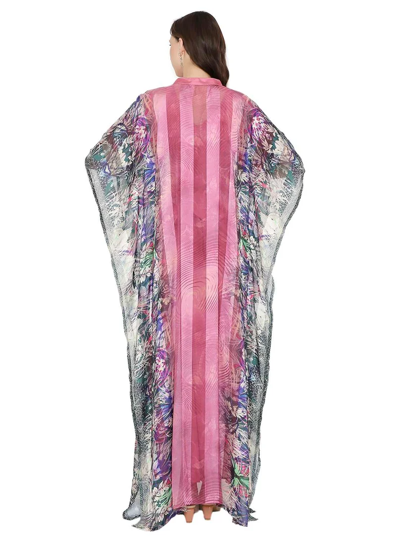 HANA & SARA SATIN SILK STRIPE PRINTED FARASHA KAFTAN JALABIYA WITH HIGH NECK COLLAR