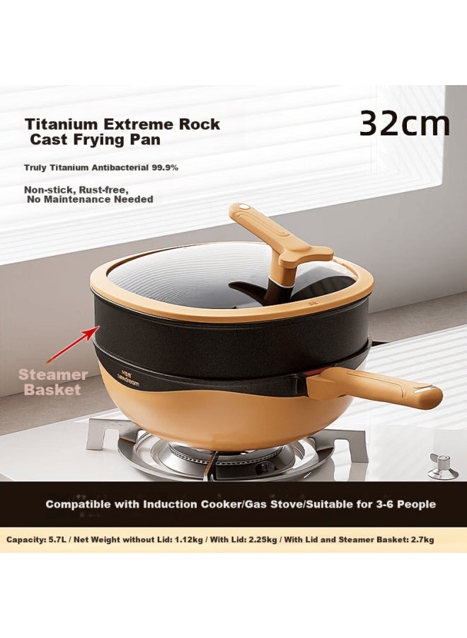Xingmengxiang New Dream Titanium Extreme Rock Cast Non-stick Frying Pan Multi-purpose Stir-fry Wok Household Iron Pan Healthy And Wear-resistant With Steaming Rack 32cm - Image 1