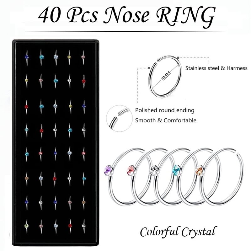 OMAIGAR 3 Sets 160 Pcs Nose Rings and Studs, Surgical Stainless Steel Piercing Jewelry, Colorful Hoops for Women, 1.5/2/2.5mm Studs Men, Idea Gift or Daily Wear - Image 4