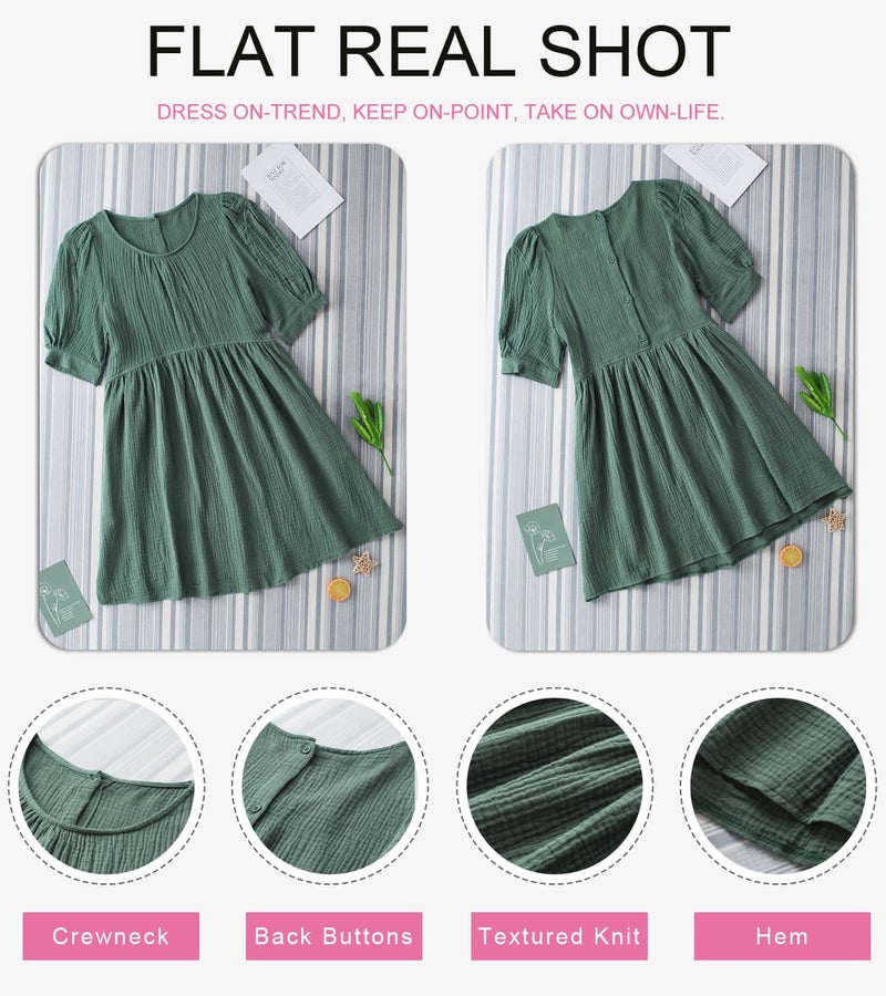 Dokotoo Womens Dress 2025 Summer Cute Tunic Dress Crewneck Puff Sleeve Casual Loose Ruched Babydoll Mini Flowy Dresses with Pockets Green Small - Image 4