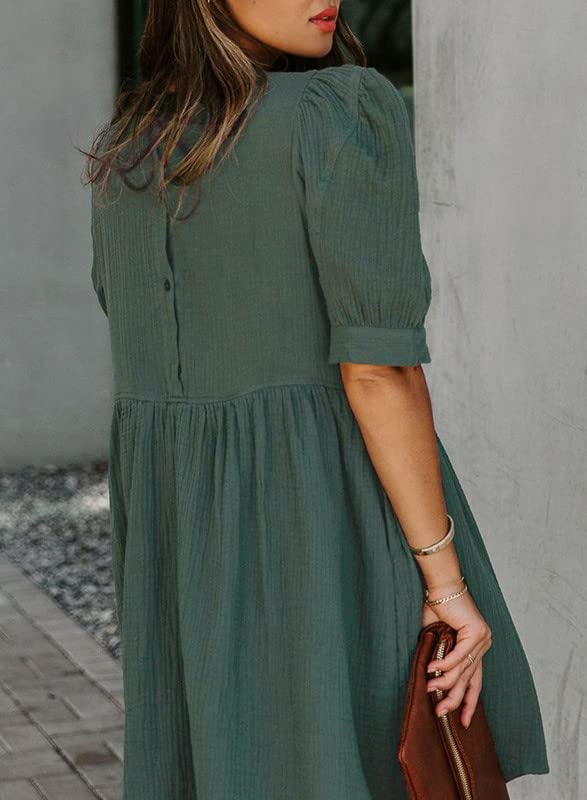 Dokotoo Womens Dress 2025 Summer Cute Tunic Dress Crewneck Puff Sleeve Casual Loose Ruched Babydoll Mini Flowy Dresses with Pockets Green Small - Image 2