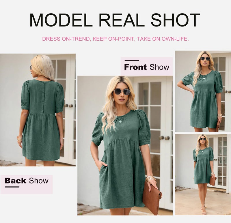 Dokotoo Womens Dress 2025 Summer Cute Tunic Dress Crewneck Puff Sleeve Casual Loose Ruched Babydoll Mini Flowy Dresses with Pockets Green Small - Image 5