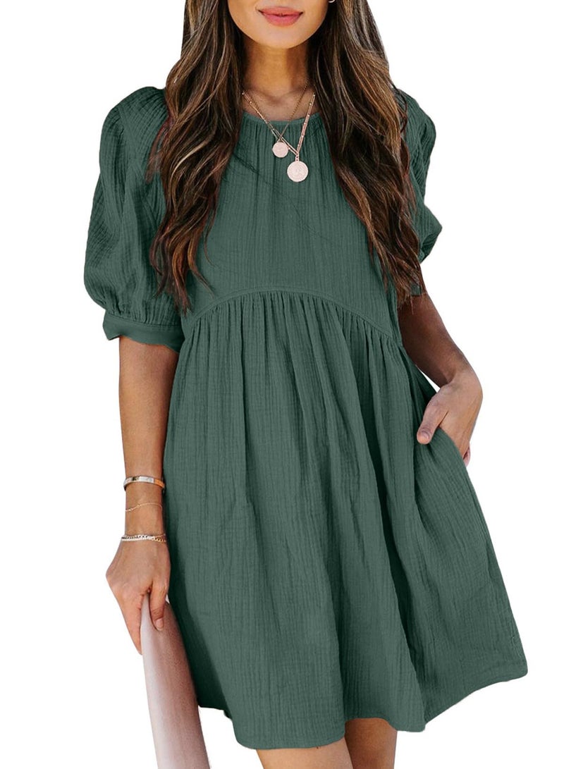 Dokotoo Womens Dress 2025 Summer Cute Tunic Dress Crewneck Puff Sleeve Casual Loose Ruched Babydoll Mini Flowy Dresses with Pockets Green Small - Image 1
