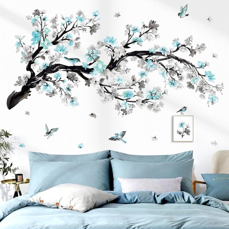 wondever Watercolor Blue Flower Branch Wall Stickers Blossom Tree Floral Birds Peel and Stick Wall Art Decals for Living Room Bedroom Sofa Background - Image 1
